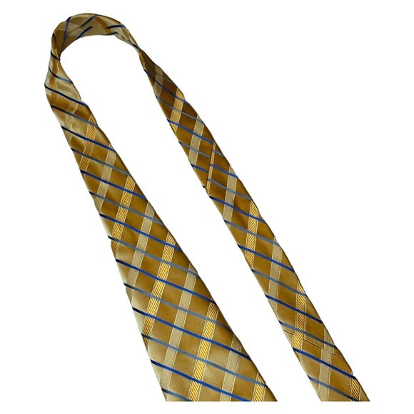 Vintage Wide Silk Tie Preswick and Moore Gold Blue Plaid Classic Retro Necktie - Picture 7 of 9